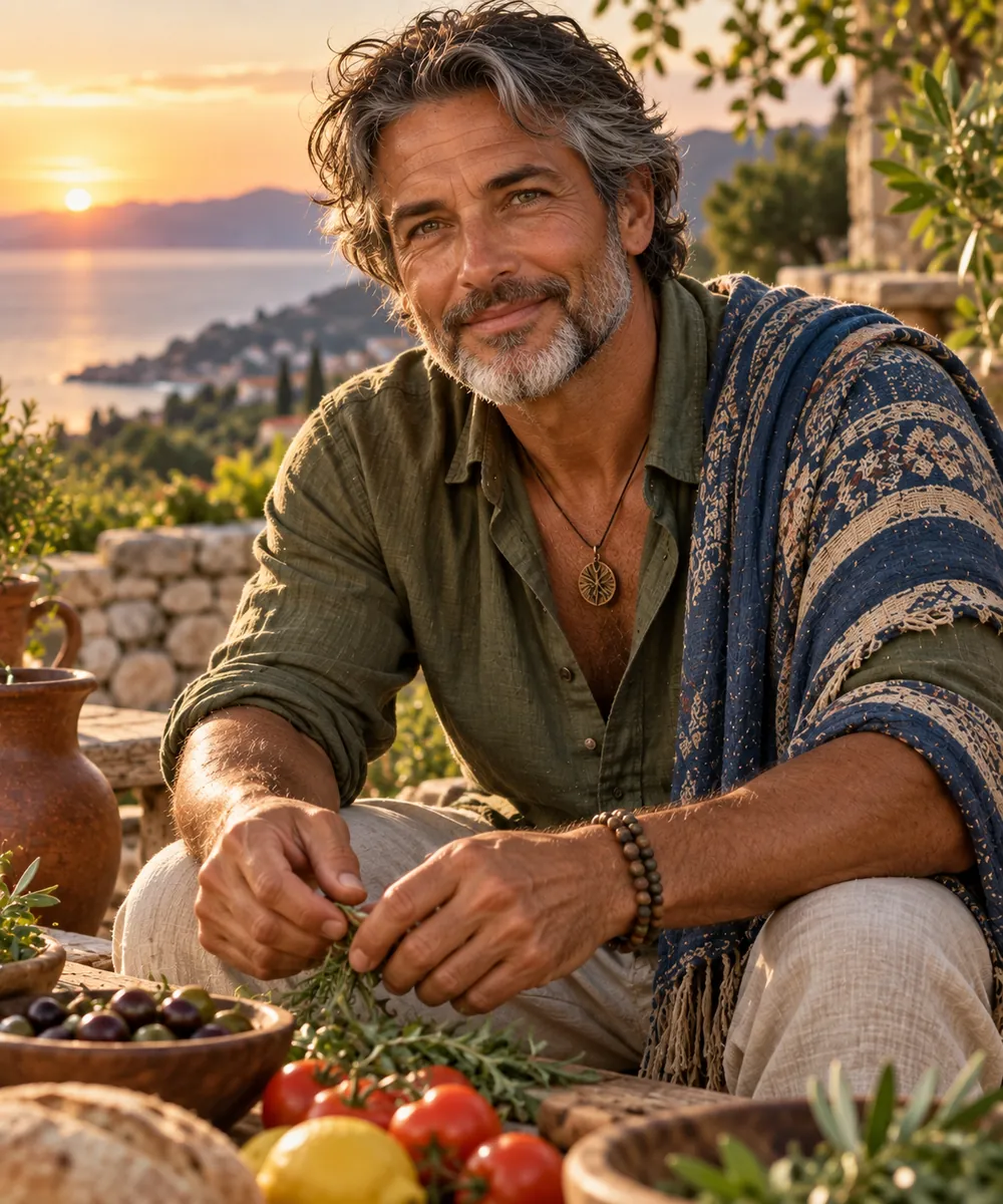 Portrait of Elias, early fifties, with gray at the temples and a salt-and-pepper beard, at sunset