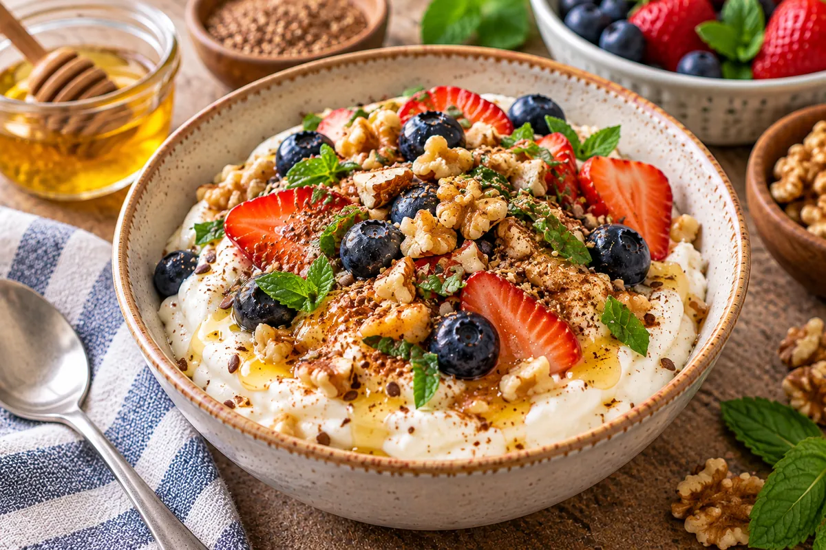 Yogurt bowl with strawberries, blueberries, walnuts and honey