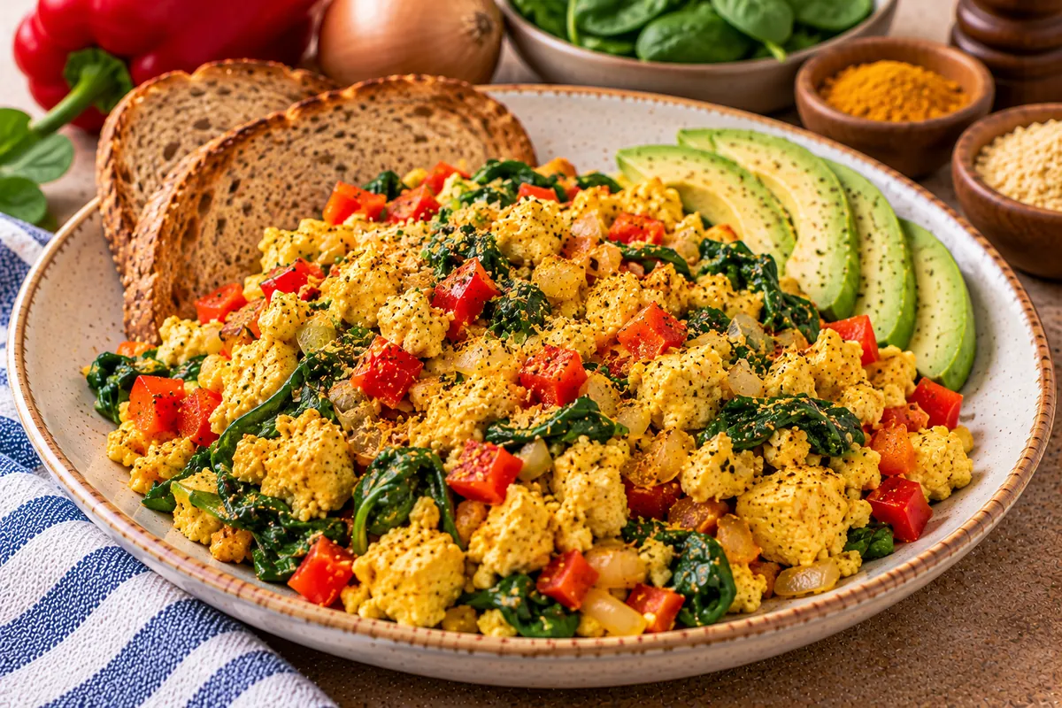 Scrambled eggs with peppers, kale and avocado in a ceramic bowl