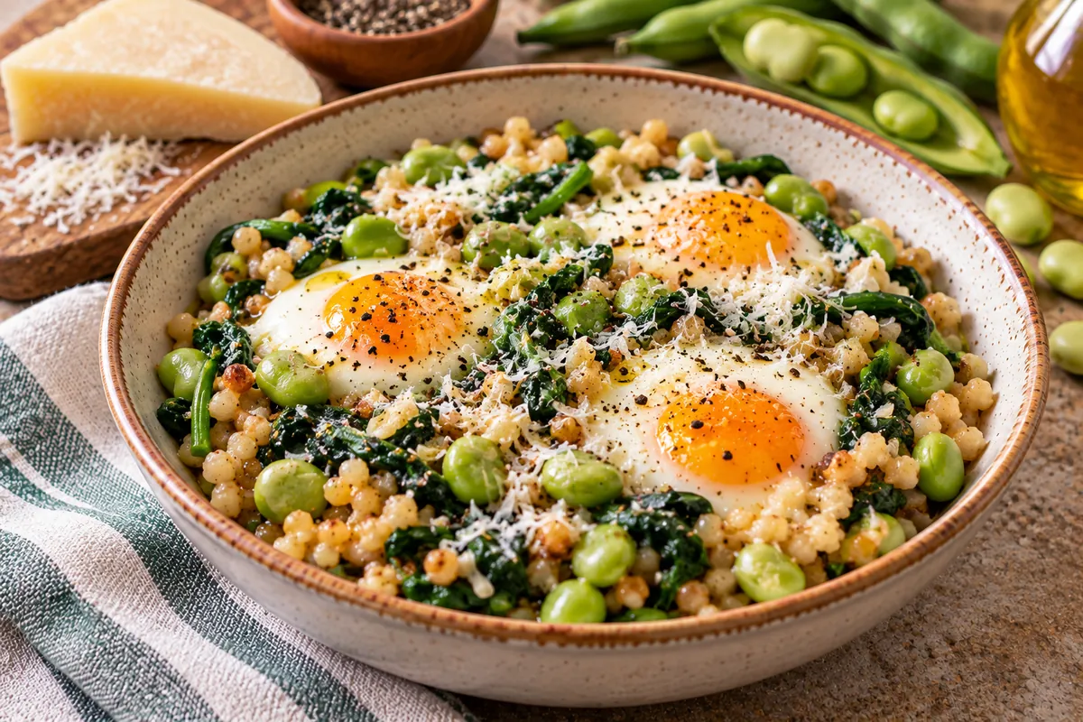 Savory grain bowl topped with two fried eggs, greens and edamame