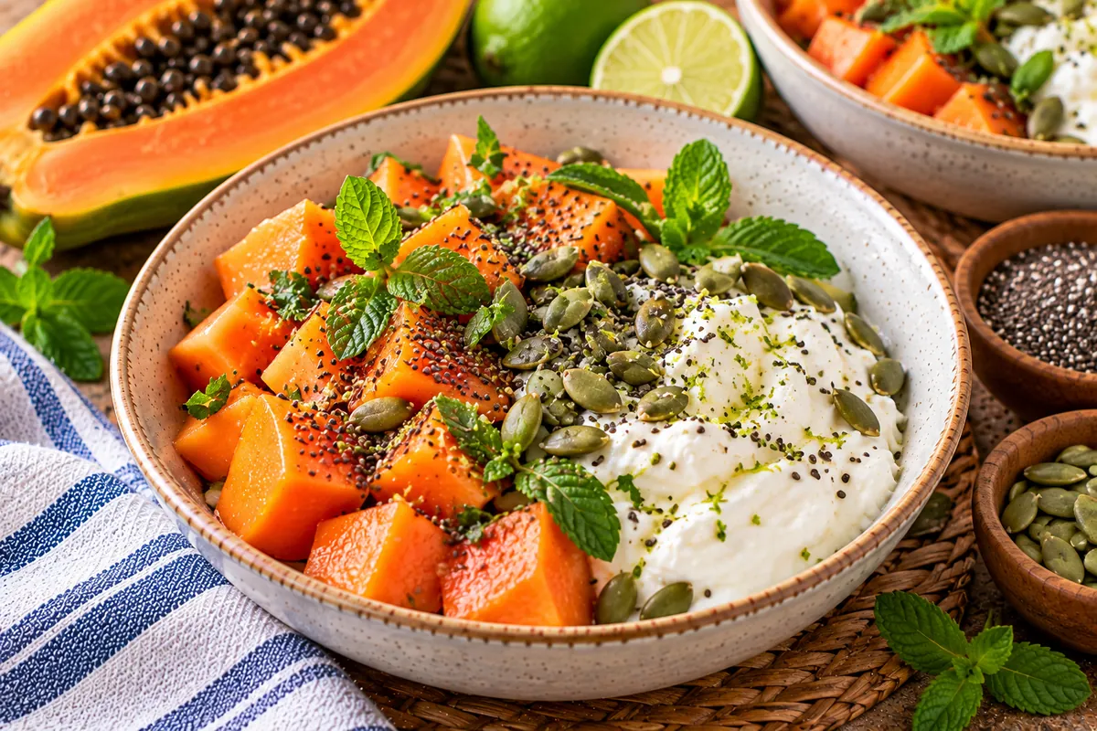 Papaya and yogurt bowl with mint and seeds