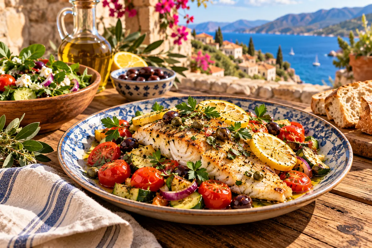 Baked fish with lemon and a bright tomato and olive salad on a blue-and-white platter