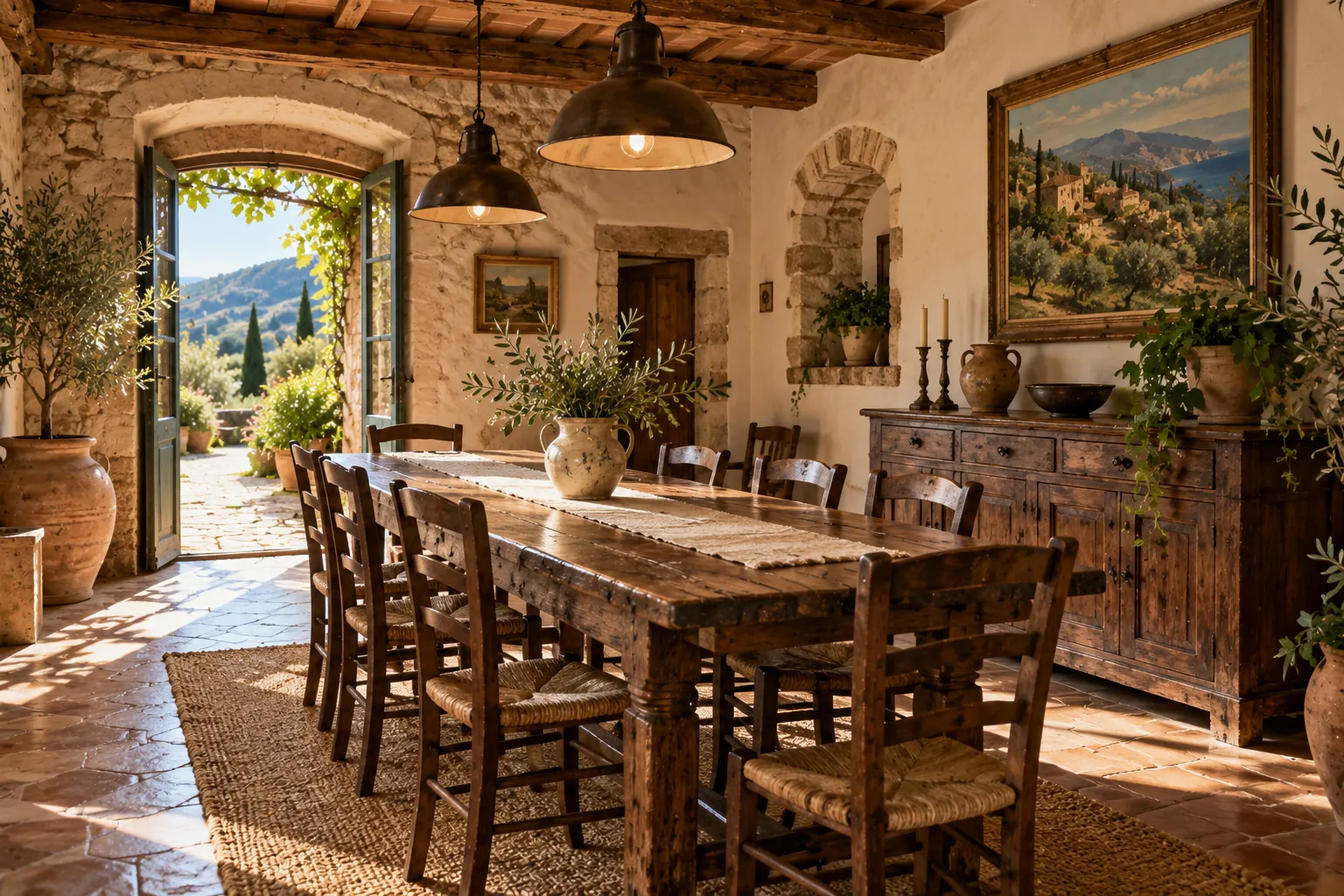 Long wooden dining table in the rustic dining room
