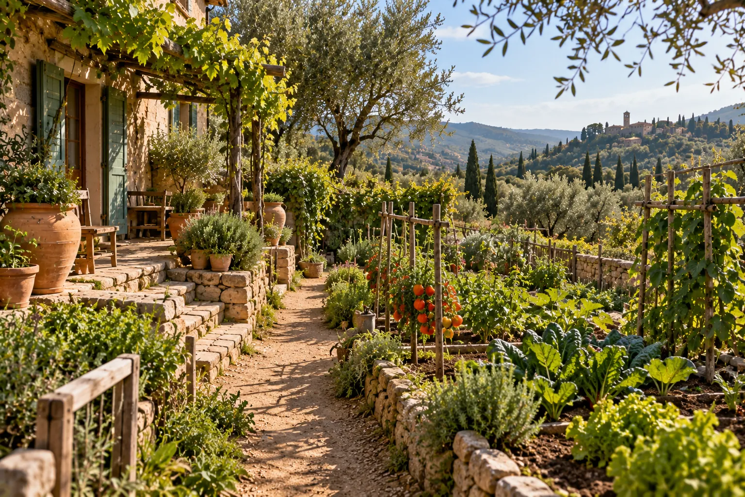 Terraced vegetable garden with a stone path above the sea