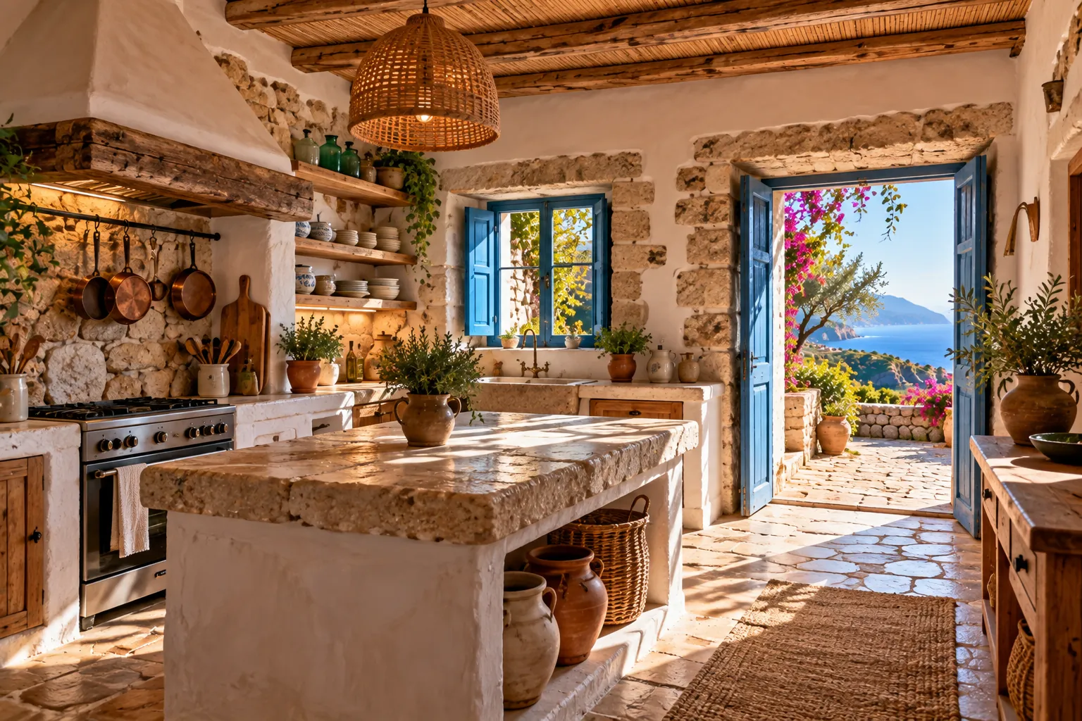 Sunny stone kitchen with an open blue door looking out to the sea