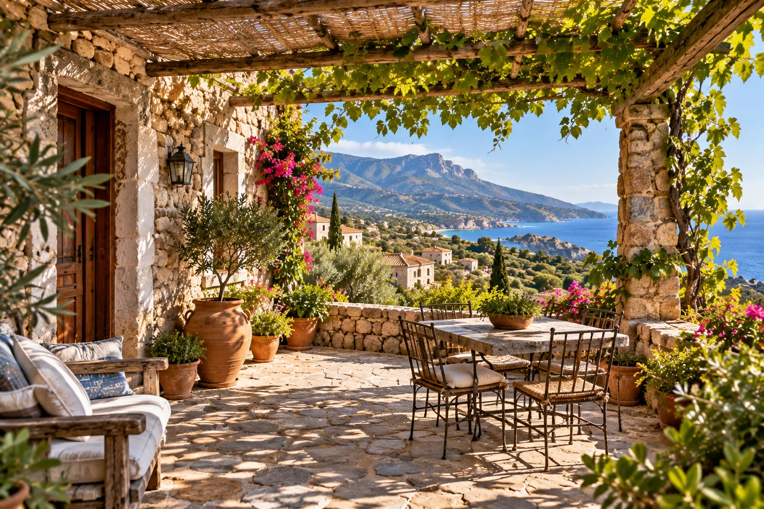 The vine-covered stone terrace of Elias and Mara's home, set with a long table and overlooking the sea