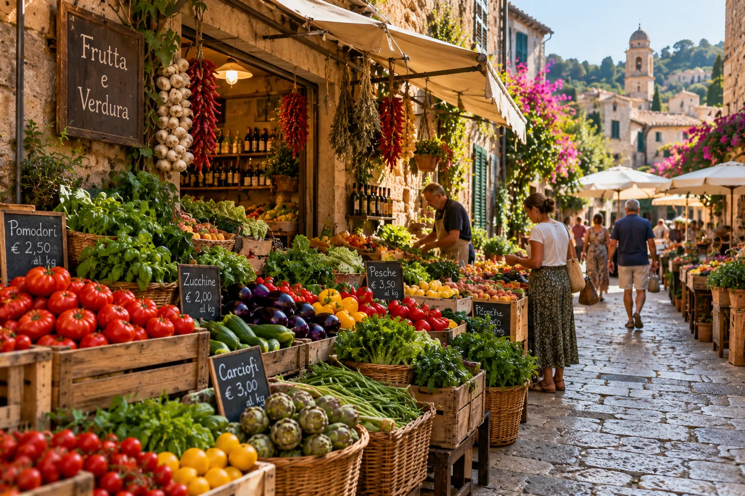 A Mediterranean market street piled with tomatoes, peppers and fresh herbs