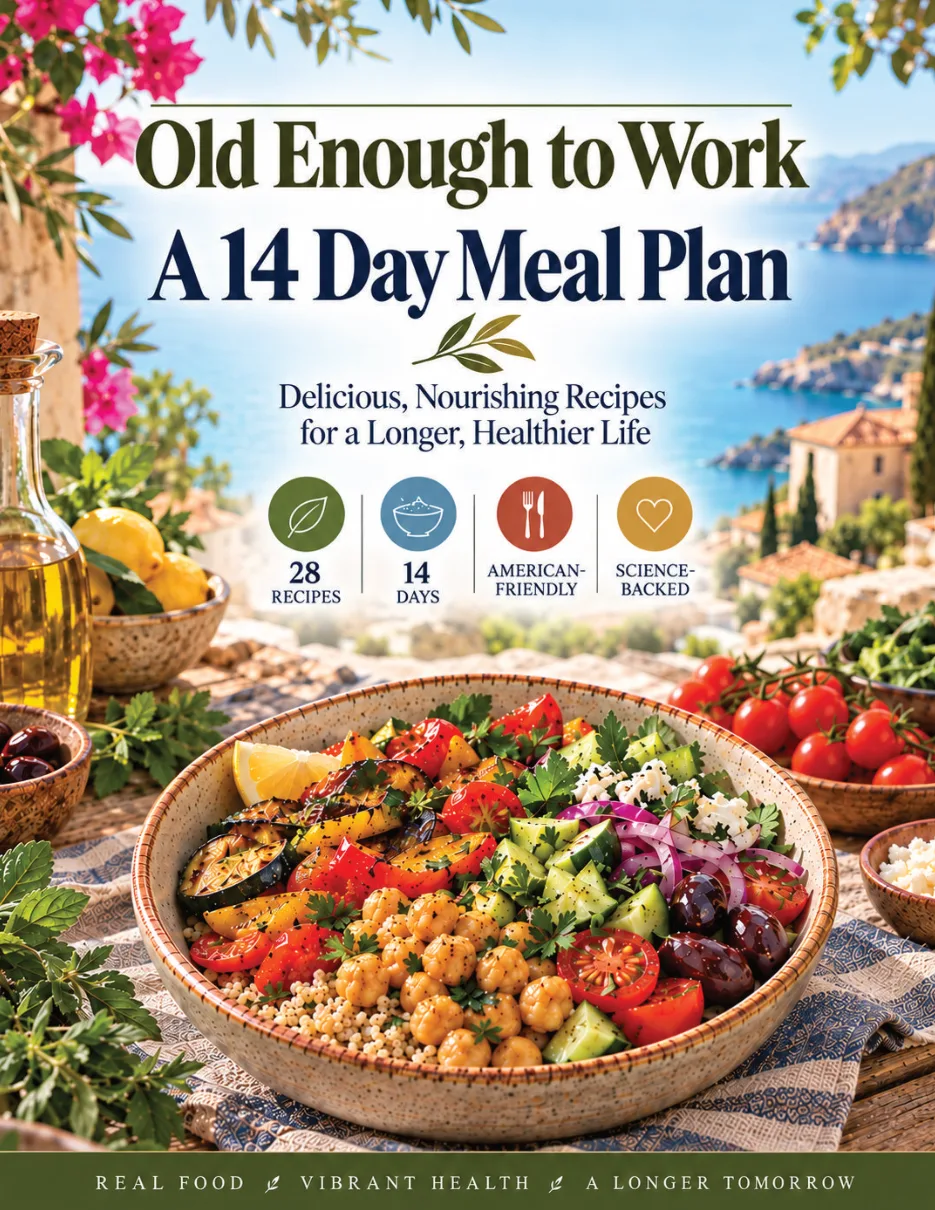 Cover of Old Enough to Work: A 14 Day Meal Plan, with a colorful chickpea and roasted vegetable bowl above a sunlit sea