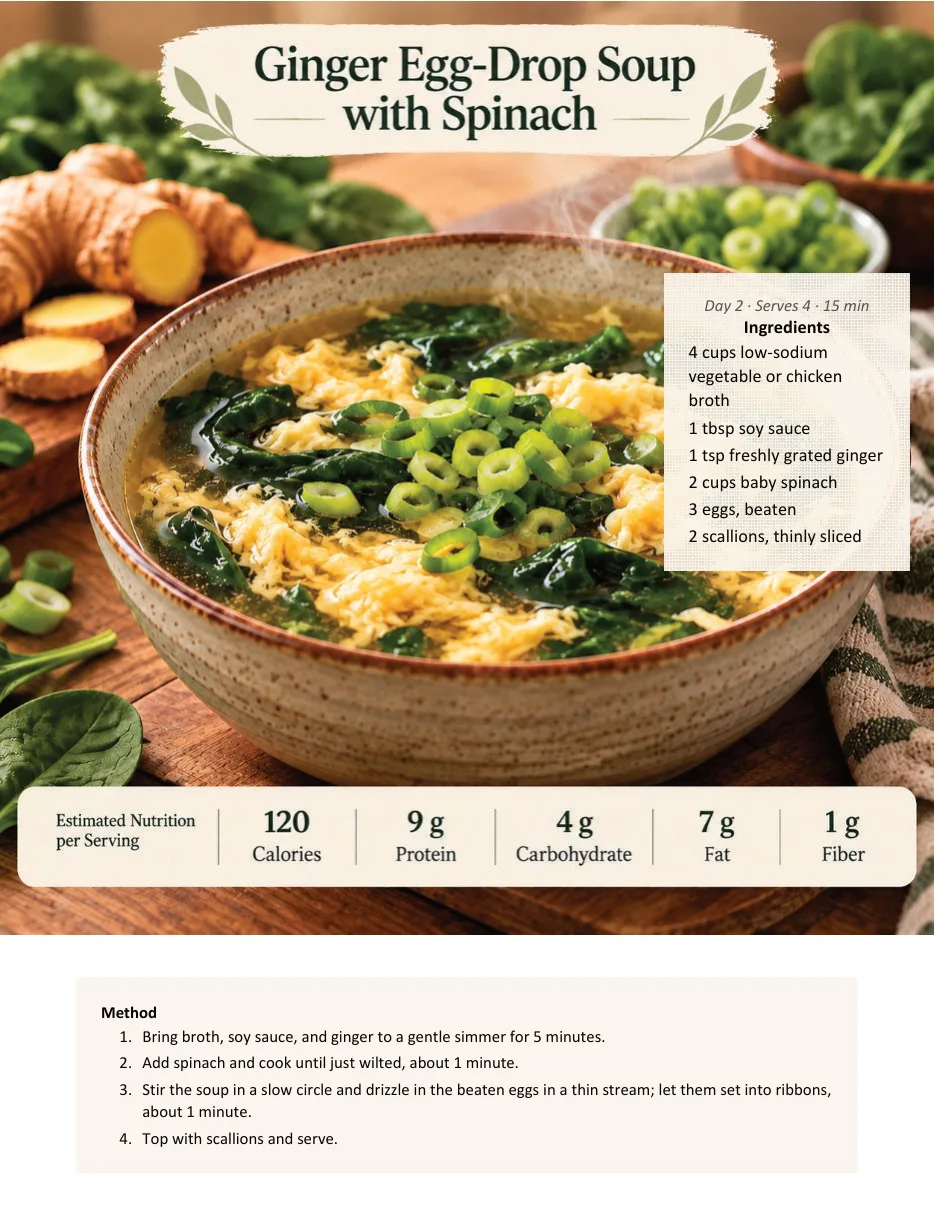 Sample recipe page for Ginger Egg-Drop Soup with spinach, with ingredients and nutrition