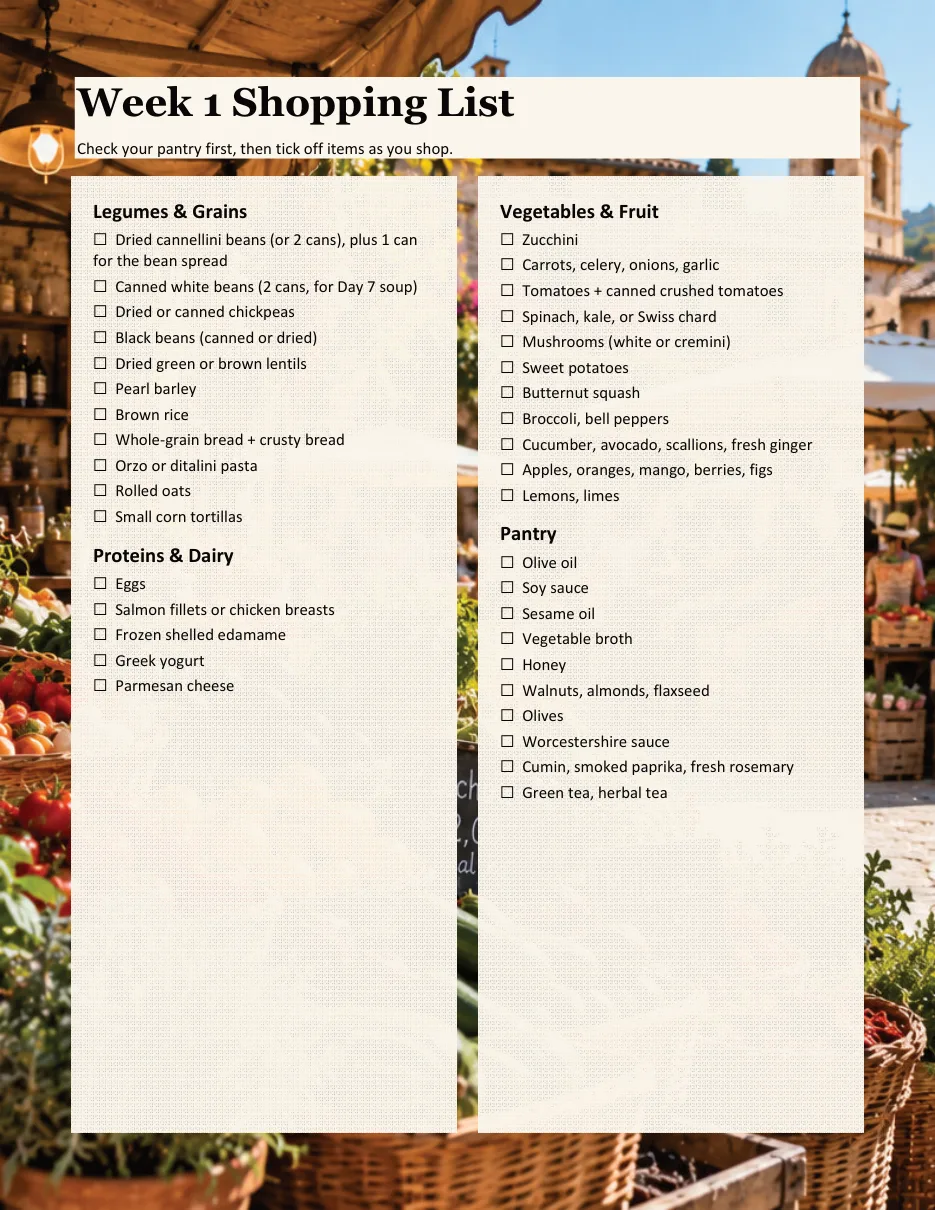 Sample Week 1 shopping list with checkboxes grouped by legumes, proteins, vegetables and pantry